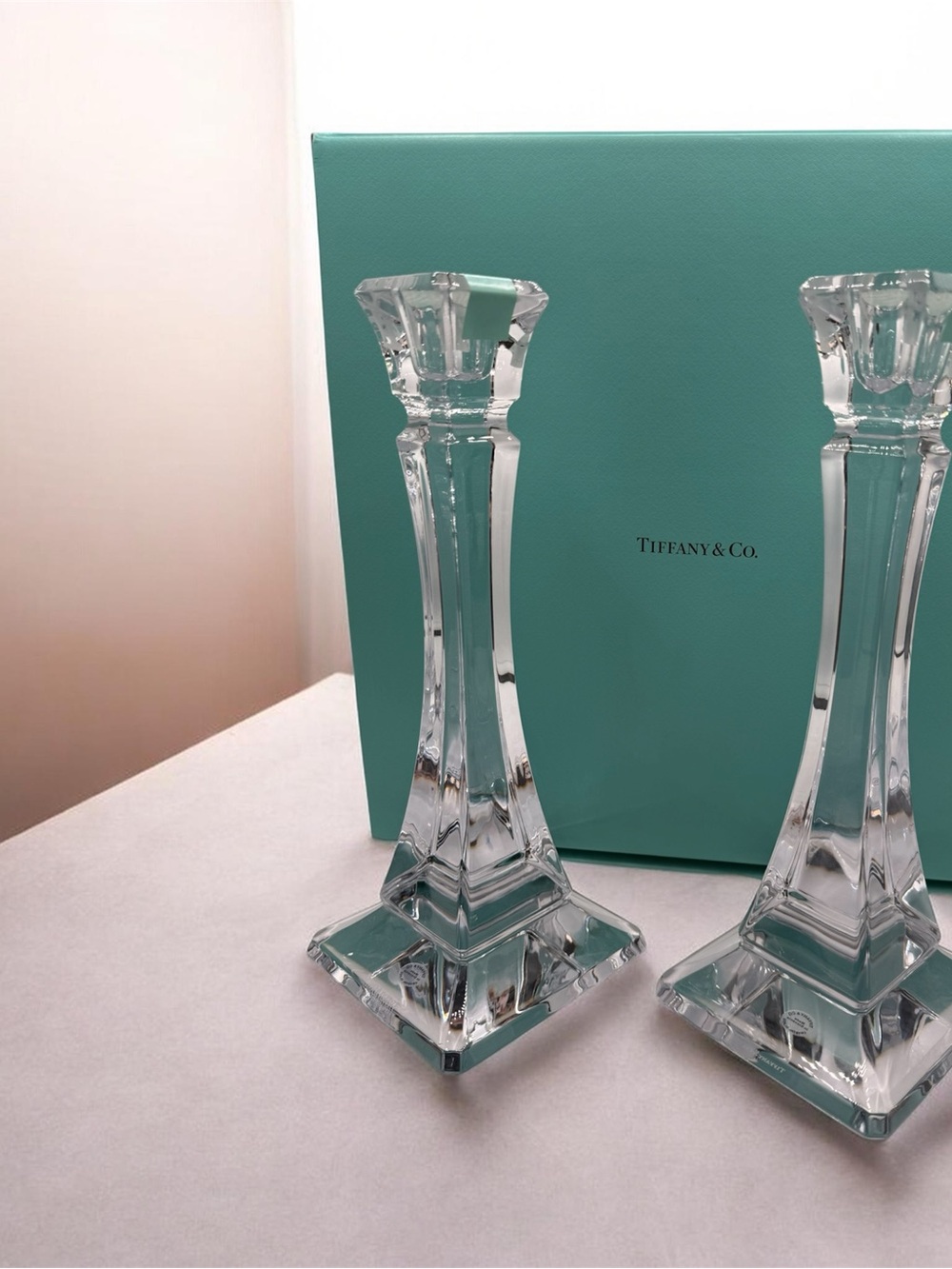 Tiffany & Co. Home Essentials 10” Crystal Candlesticks Pair w/ Original Box